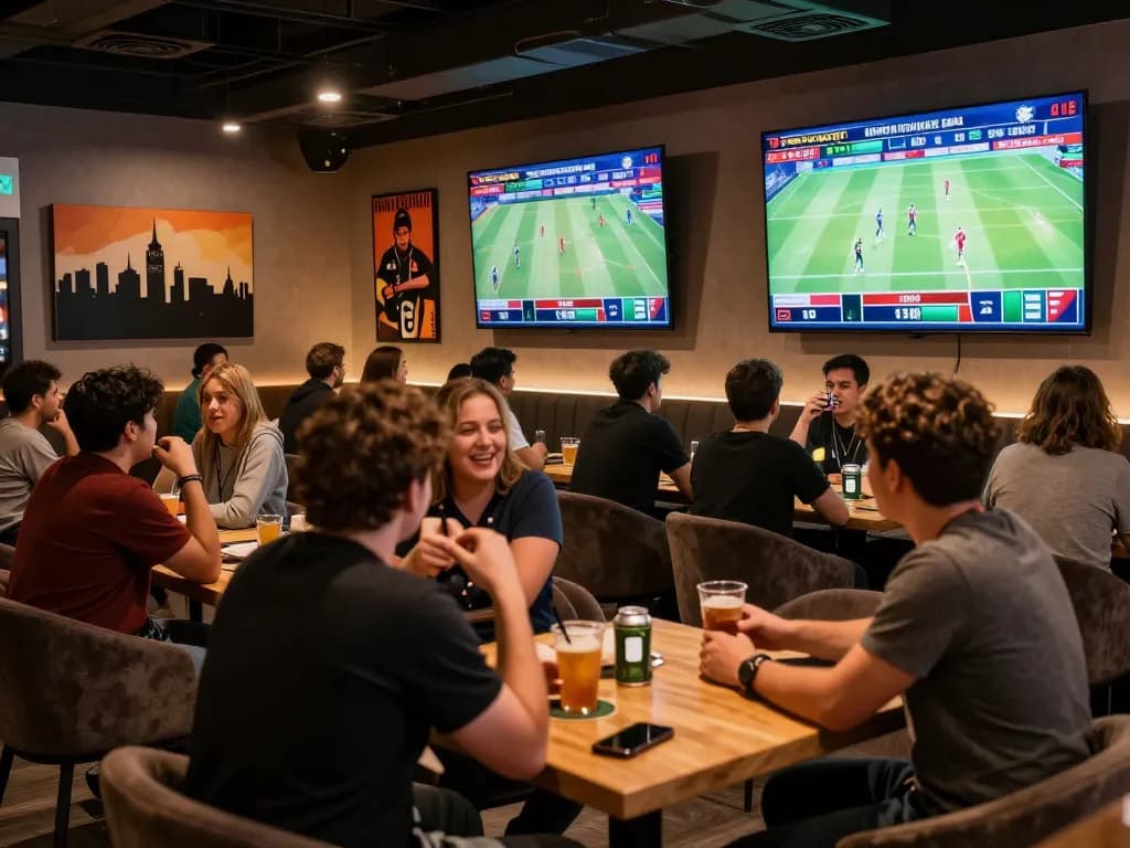 Fans placing bets at fooballl lounge with vibrant screens and drinks