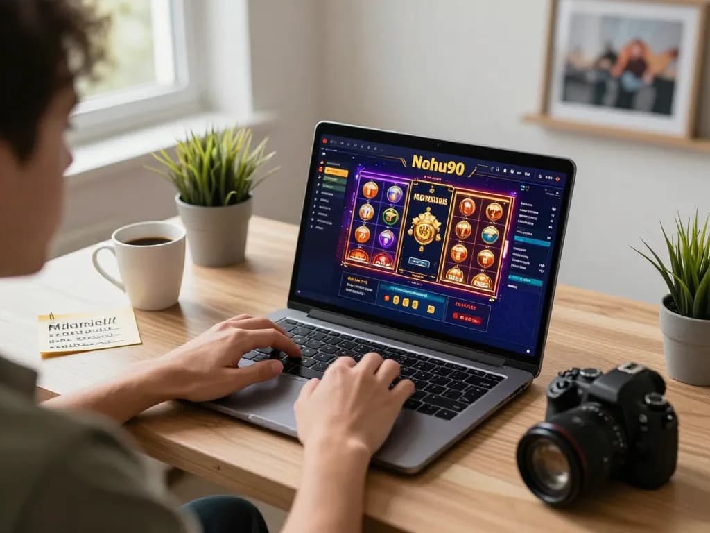 Nohu90 user enjoying dynamic online casino gameplay on laptop, showcasing vibrant graphics and a cozy atmosphere.
