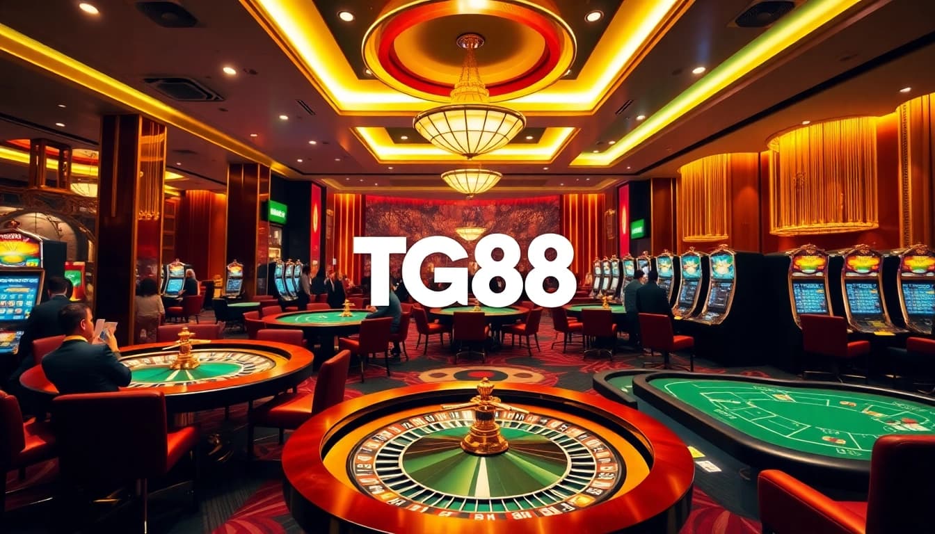 Exciting casino scene with poker tables and slot machines at TG88
