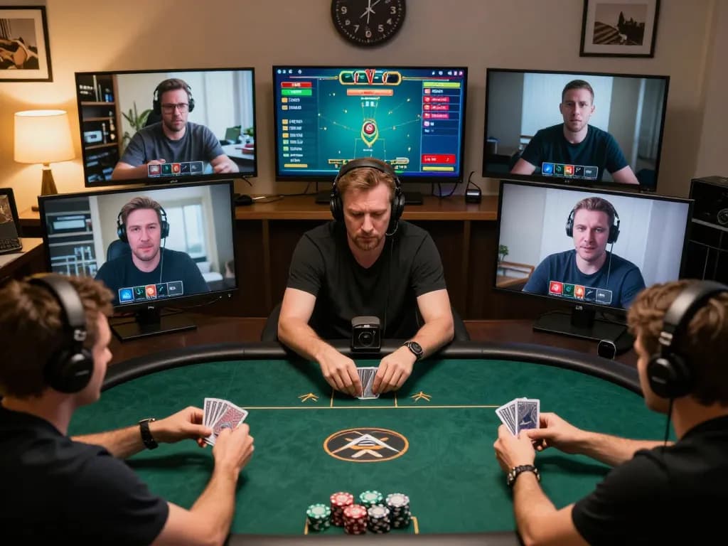 Players engaging in strategic online poker at Net88, surrounded by dynamic game interfaces and warm lighting.