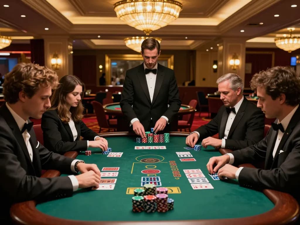 Players strategizing their next move at hm888 blackjack table in an upscale casino atmosphere
