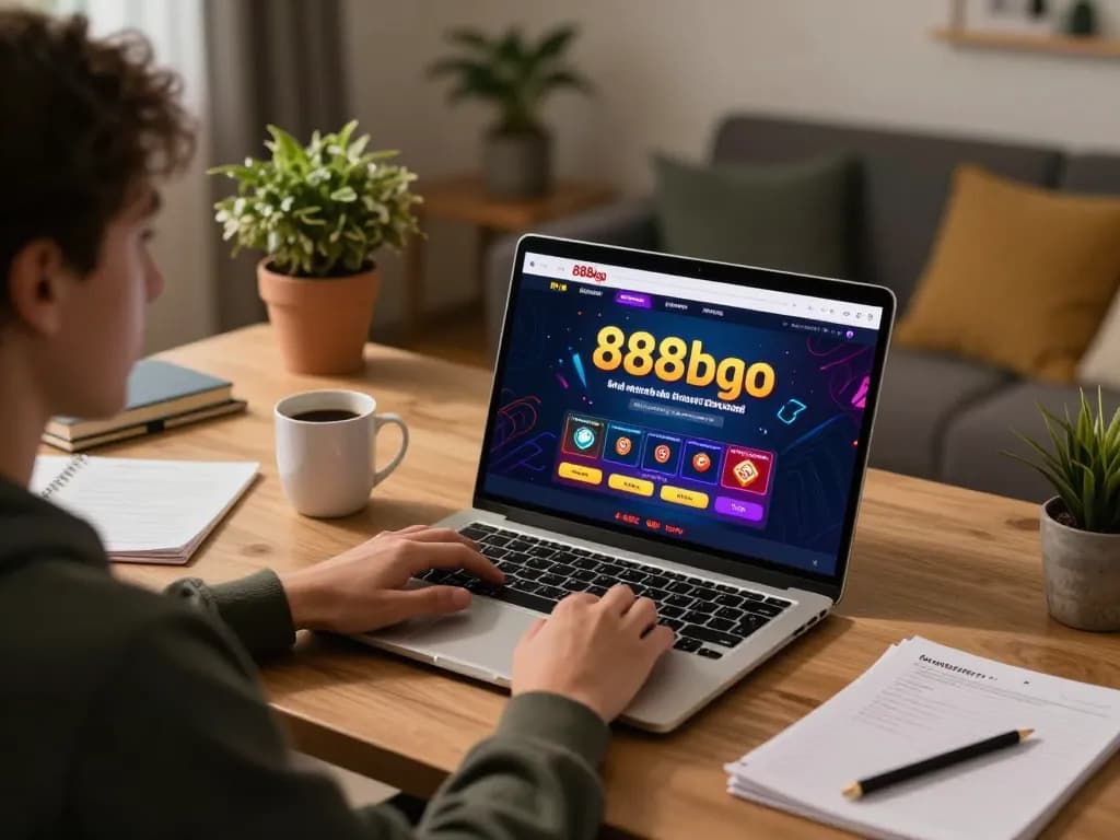 Engaging in online gaming on 888bgo with a laptop showcasing vibrant casino themes