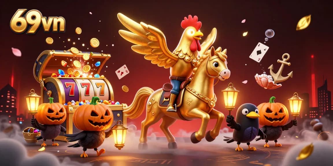 Engage in thrilling casino excitement with 69vn's vibrant golden rooster and glowing treasures.