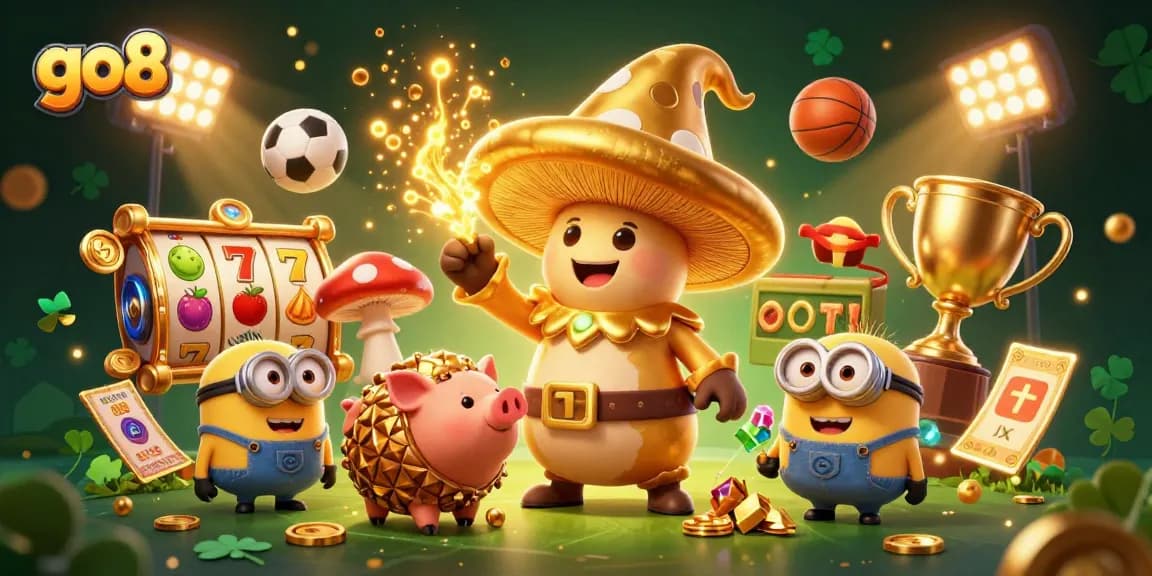 Winning at go8 with a magical golden wizard and treasure elements in a rich casino illustration
