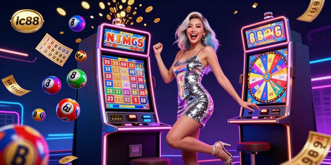 Engage with the vibrant atmosphere of lc88, featuring a celebratory jackpot scene with colorful game elements.