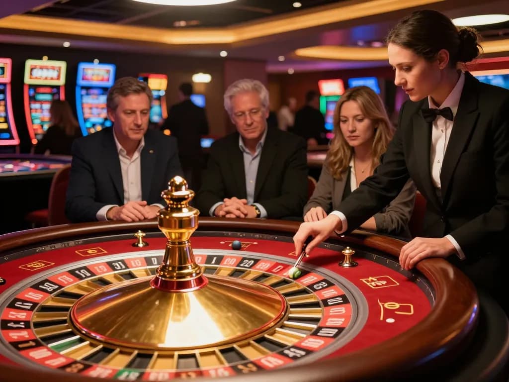 sunwin roulette table scene with dealer spinning wheel and players engaged
