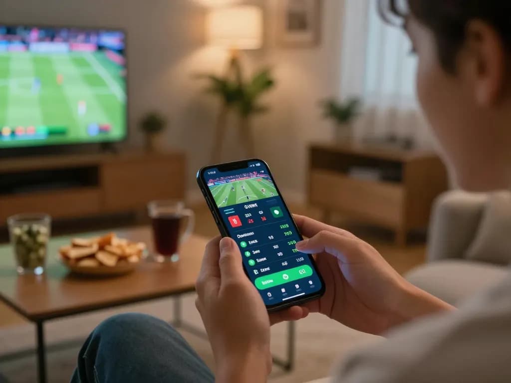 Engaged bettor using tylekeonhacai88 app for live betting during a sports match at home