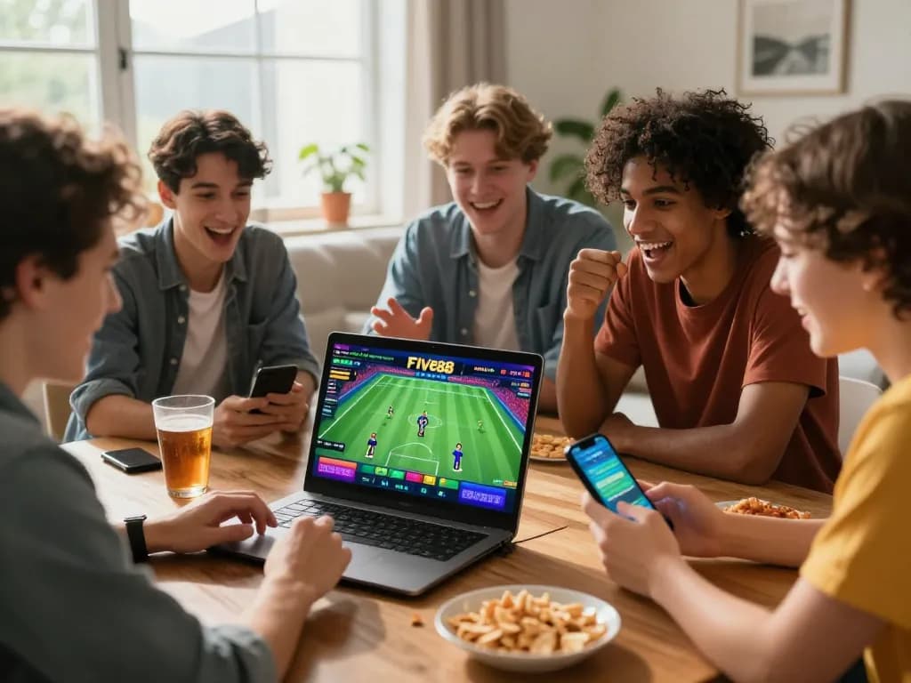 Friends enjoying online gaming and discussing betting strategies with Link đăng ký Five88 on the screen.