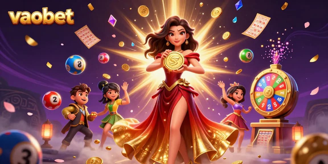 Experience the excitement of vaobet with a stunning Asian woman holding a golden coin amidst vibrant casino elements.