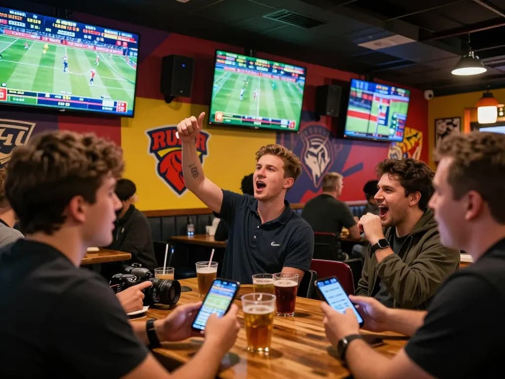 Watch players placing bets on alo8 app during an exciting sports event at a vibrant sports bar