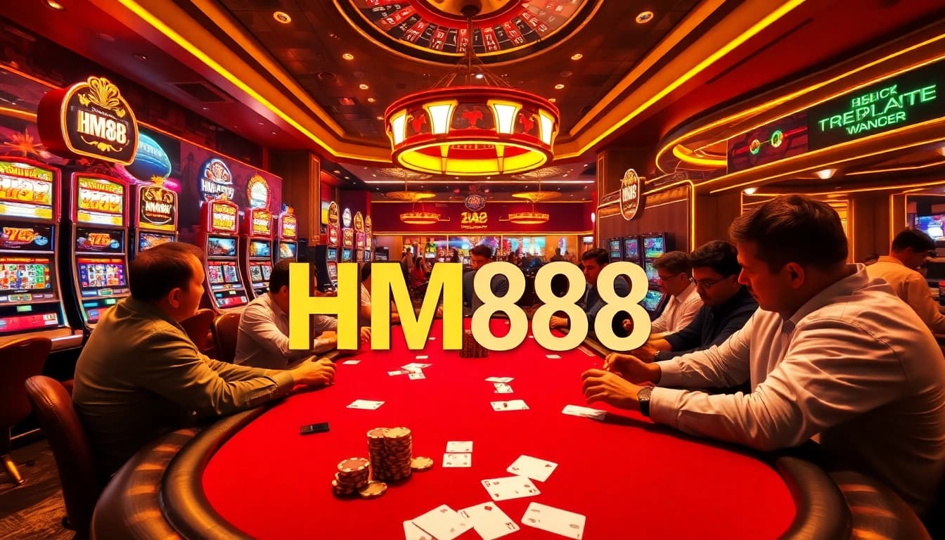 Engage in a thrilling poker game at HM88 with vibrant casino visuals and high-stakes excitement.