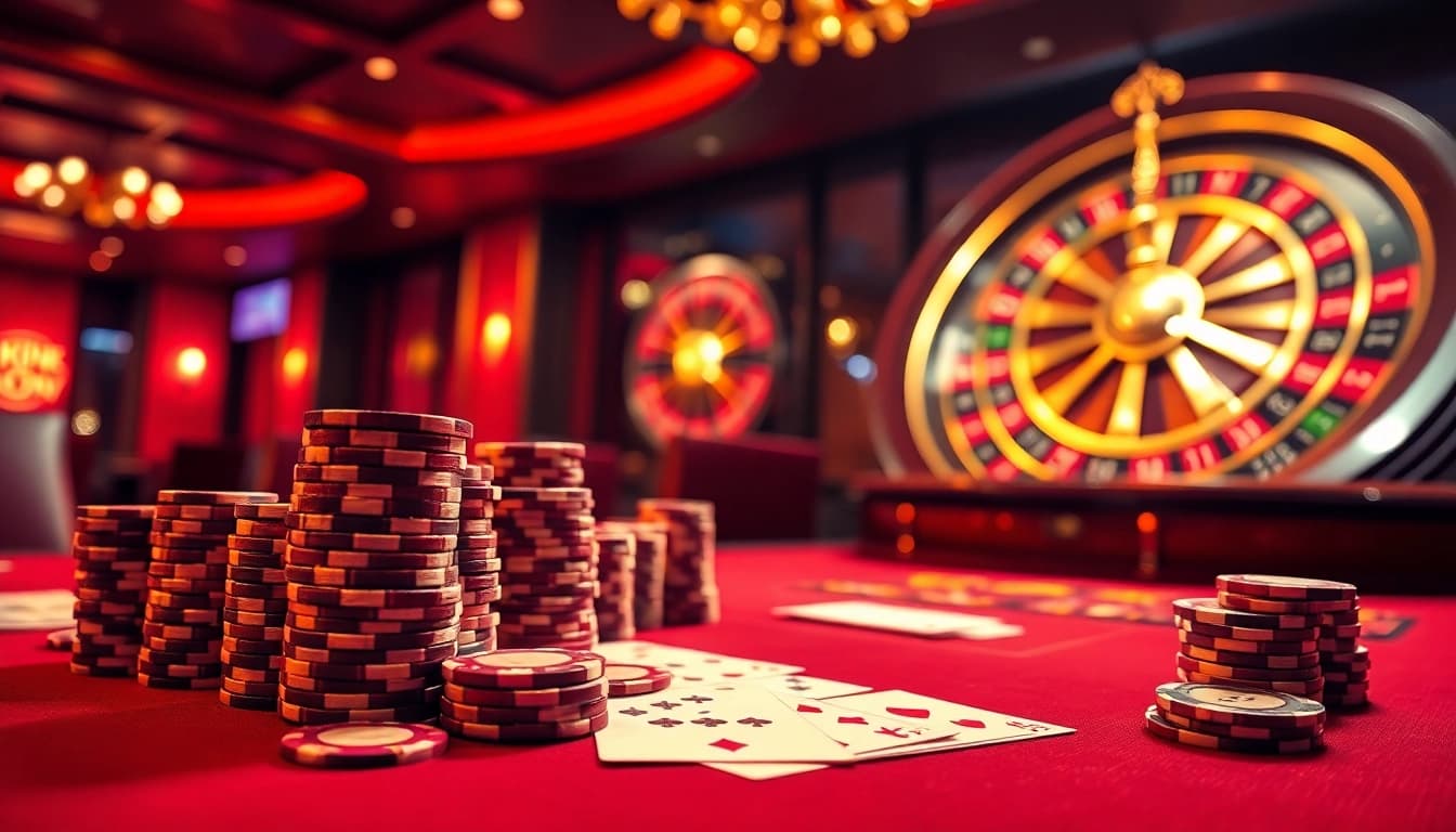 Experience the thrill of gambling at nhà cái kp88 with a luxurious poker table and vibrant casino atmosphere.