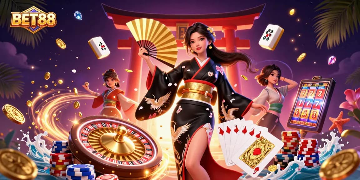 Win big with BET88 in this vibrant 3D casino scene featuring games and bonuses.
