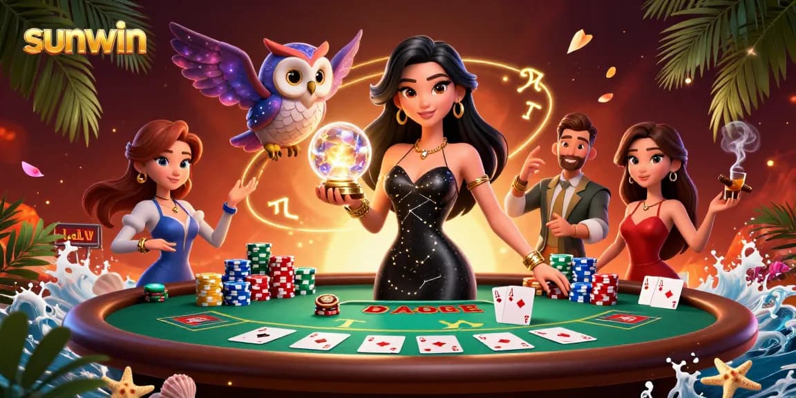Play poker and win big with sunwin in this vibrant 3D casino illustration featuring a stunning magical woman.