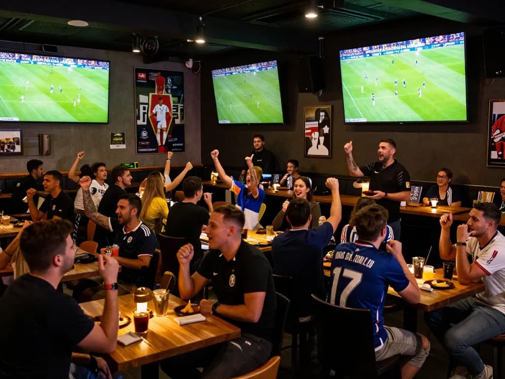 Exciting scene of live football fans enjoying trực tiếp bóng đá châu âu at a lively sports bar with screens displaying the game