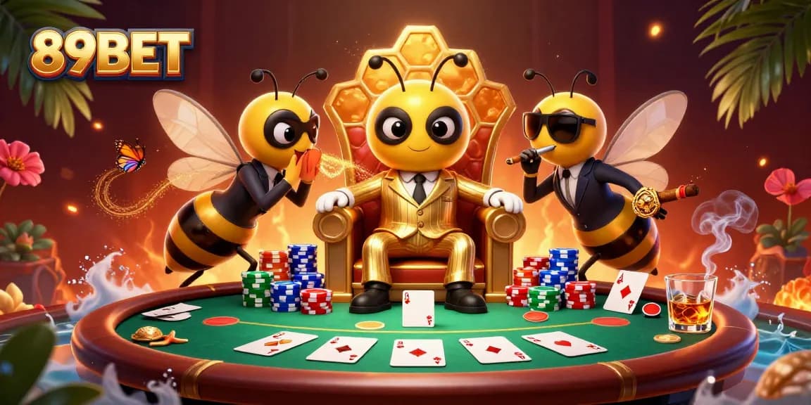 Engage in thrilling games at 89BET, featuring a bumblebee mob boss in a vibrant casino setting.
