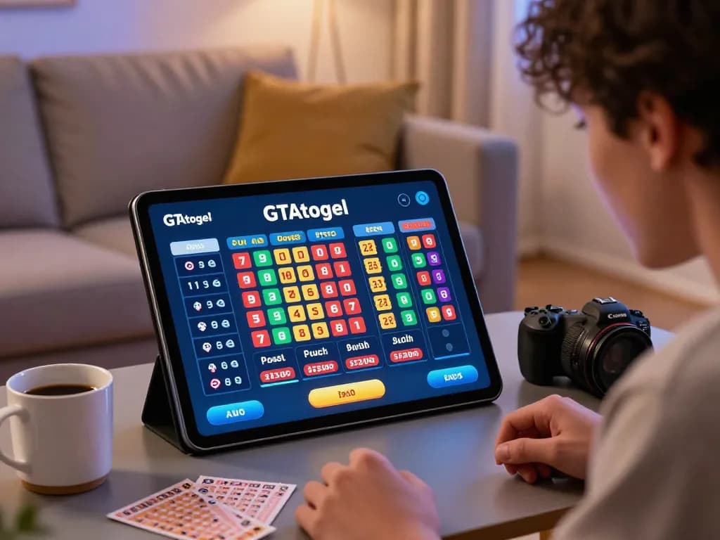 Engaging in GTAtogel with modern home lottery setup on tablet, cozy environment enhancing online gaming experience.