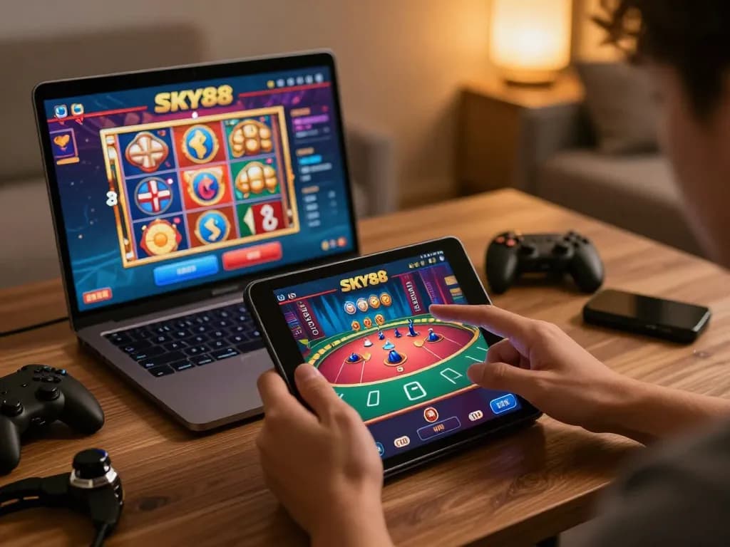 SKY88 user engaging in mobile gaming action on a tablet, showcasing casino gameplay excitement.