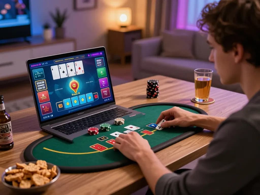 MM88 player engaging with an online blackjack game on a laptop, creating a lively and interactive gaming atmosphere.