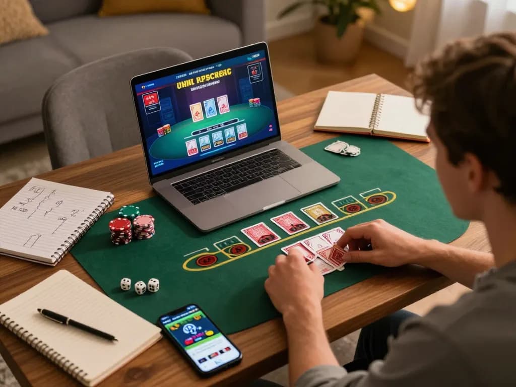 Engaging scene at trang chủ 79king with a player immersed in a live blackjack game on their laptop at home.
