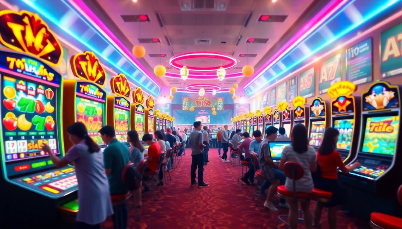 Engaging scene showcasing tải game rikvip with vibrant slots, card games, and enthusiastic players.