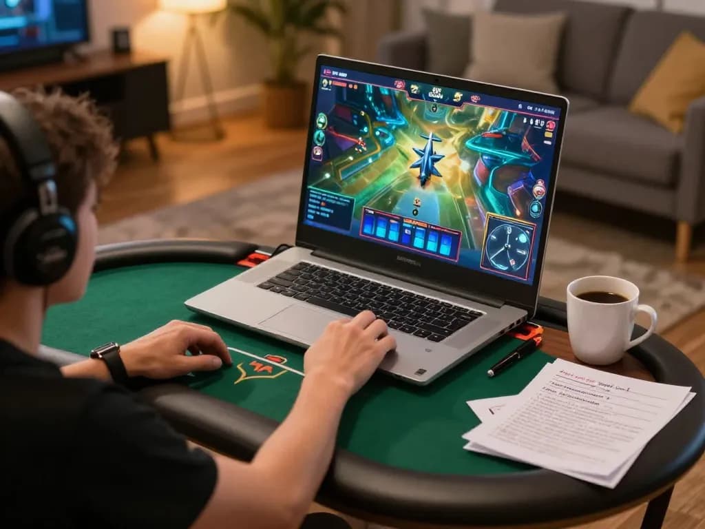 Playing F168 poker online with strategic betting notes in a cozy home setting.