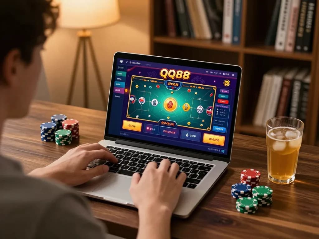 Player engaging with QQ88 online gaming interface on laptop, vibrant scene showcasing strategic betting.