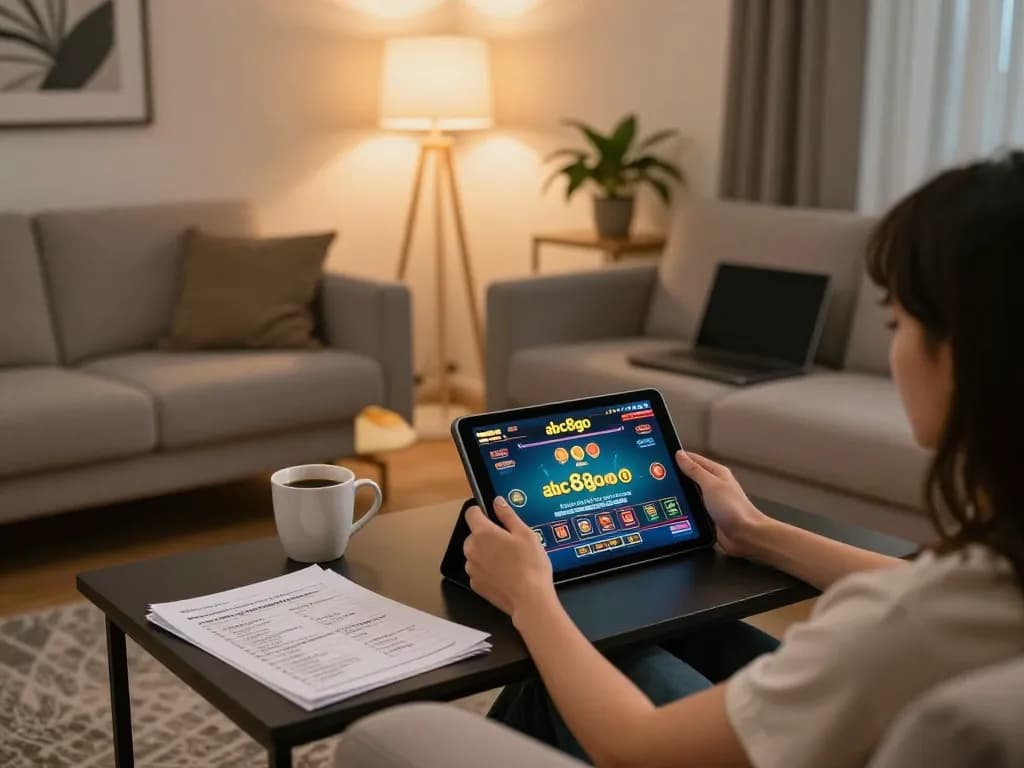 Engaging in online gaming using abc8go on tablet in a comfortable living room