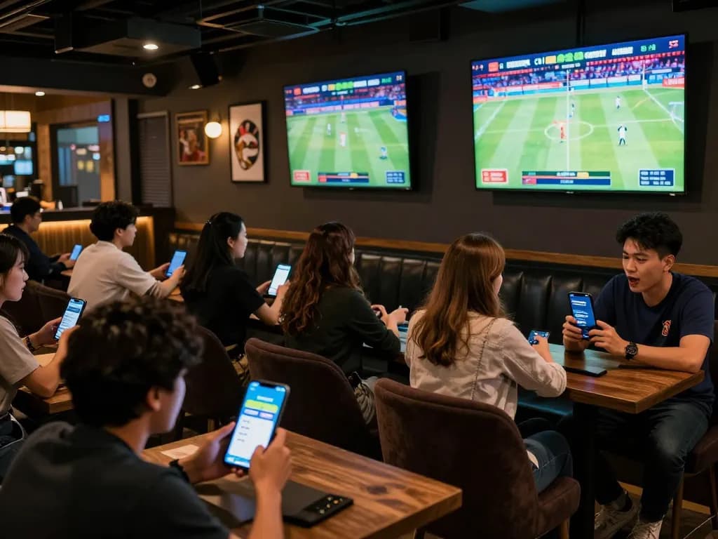 Patrons using link sbobet dewagg app for live sports betting in a vibrant sports bar.