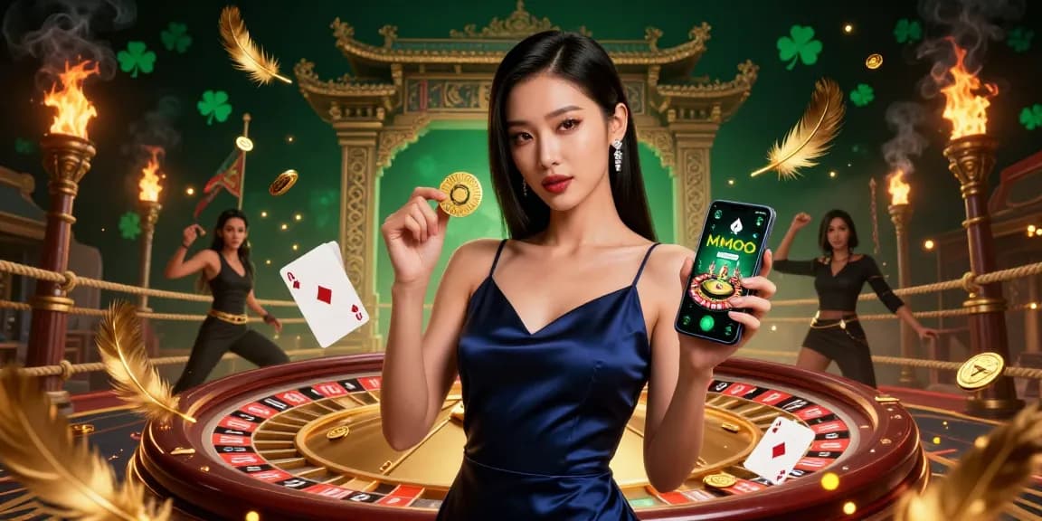 Join the action at MMOO Casino, where a confident woman showcases the thrilling gaming experience with roulette and golden chips.