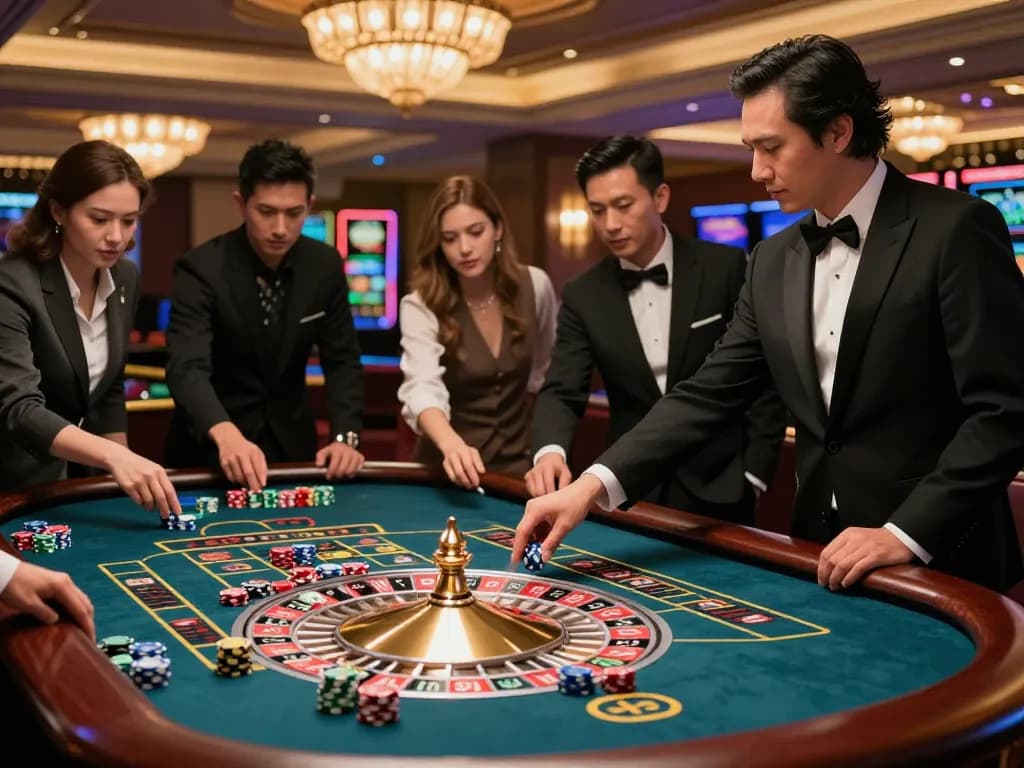 Experience the thrill of 123win with a vibrant roulette table and excited players in an upscale casino.