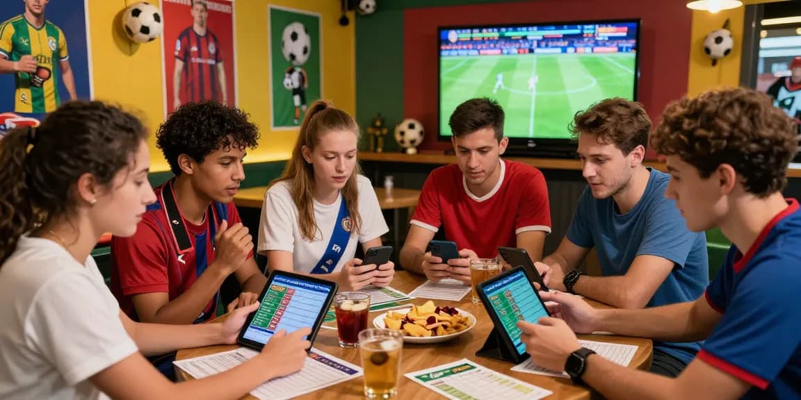 Group of bettors analyzing ty le keo updates in a lively sports bar