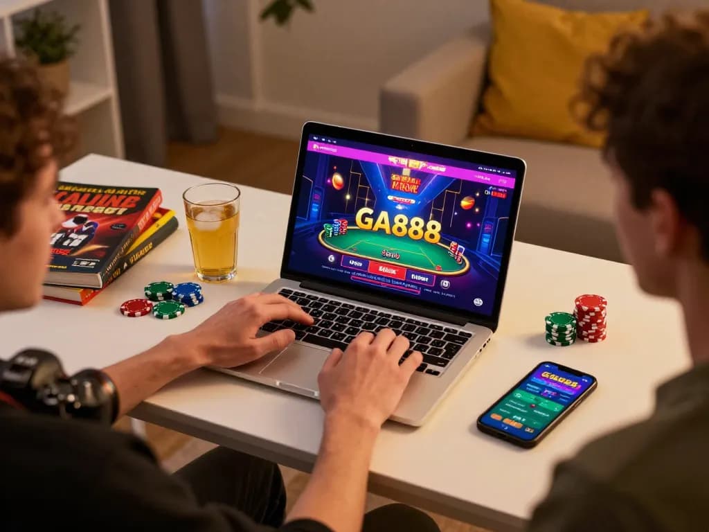 Engage in exciting gameplay on GA888 with vibrant online casino setup including poker chips and laptop.