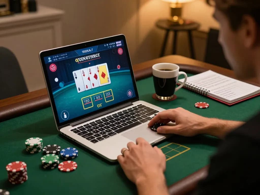 Engaging in a poker game on a laptop for va88 online gambling strategy session.