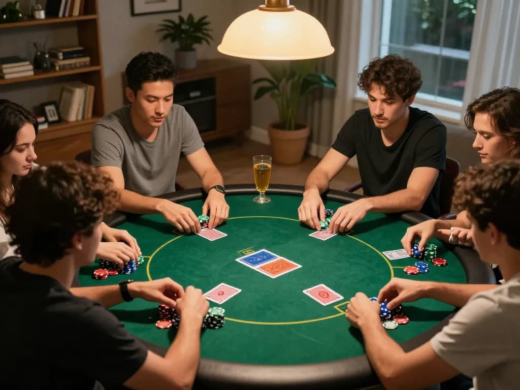 Exciting home poker game night with friends enjoying Texas Hold'em, showcasing O8 com gaming atmosphere.