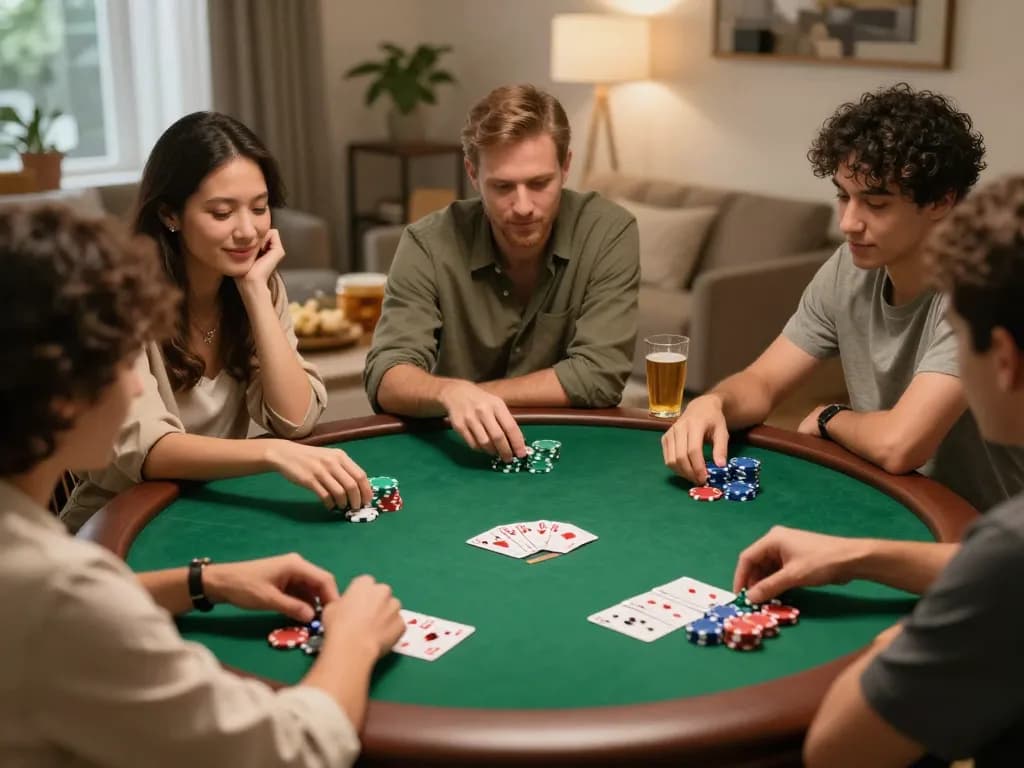 Engaged friends playing poker at home showcasing NK88's social gambling atmosphere