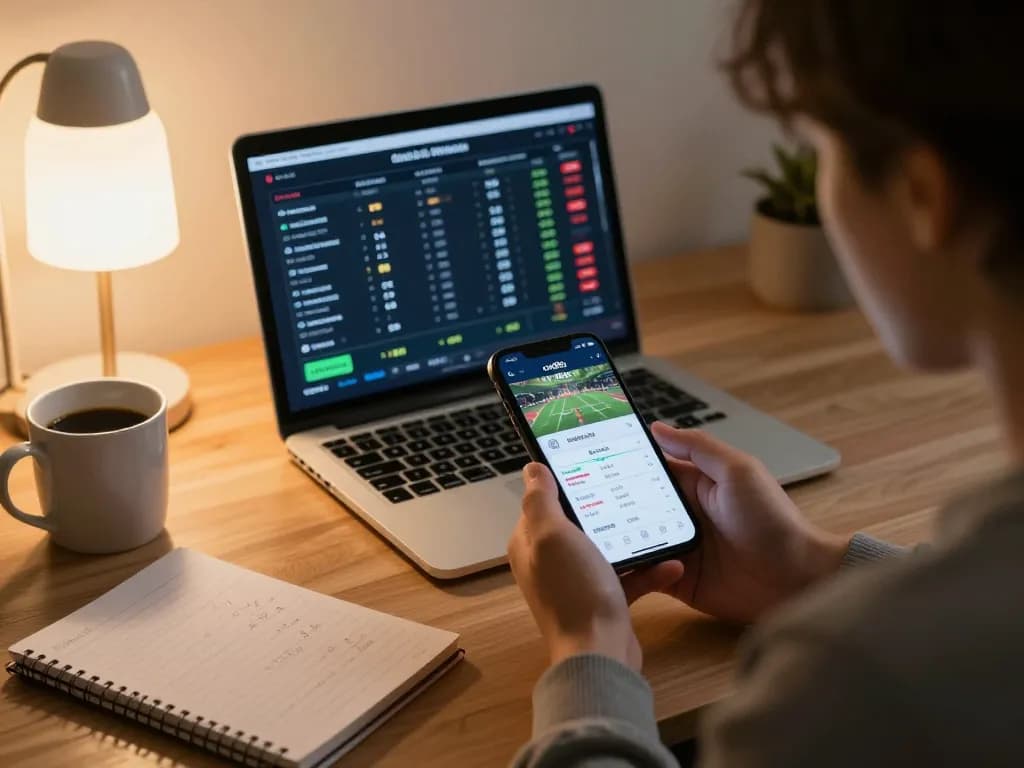 Person engaging with the cm88a betting app on a smartphone displaying live sports while seated at a stylish home desk.