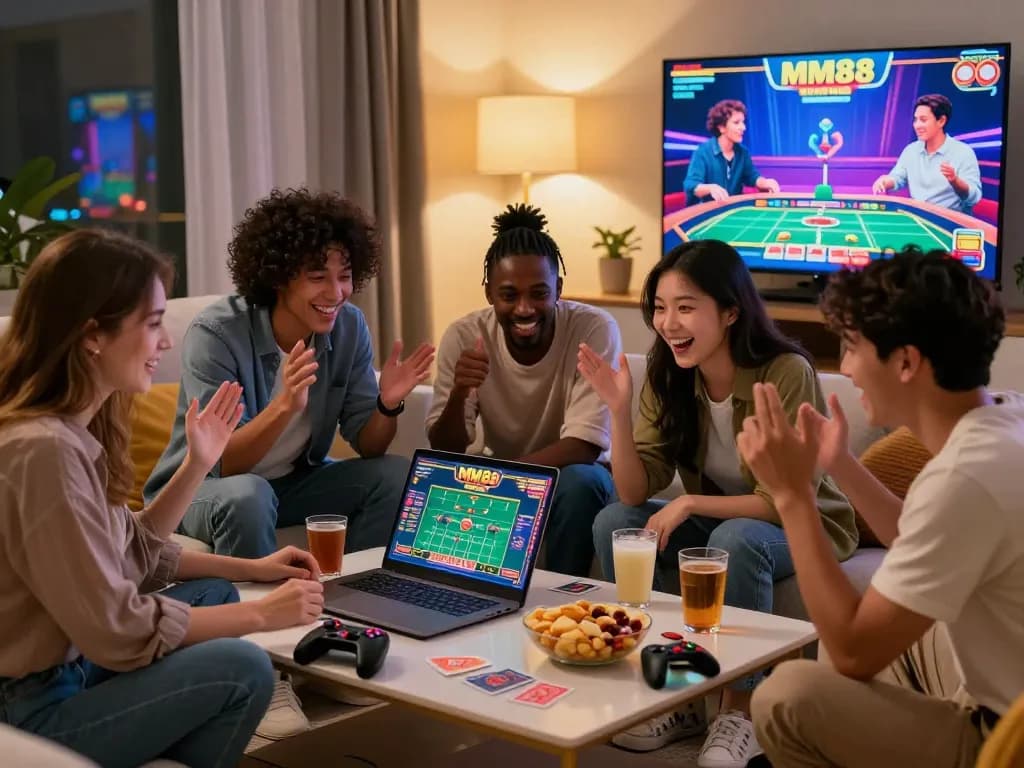 Friends enjoying an exciting online MM88 betting experience in a cozy living room.