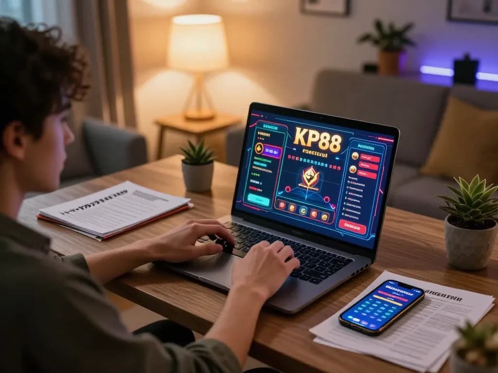Engaging in KP88 online gaming with vibrant setup featuring laptop and smartphone while maintaining responsible gambling.