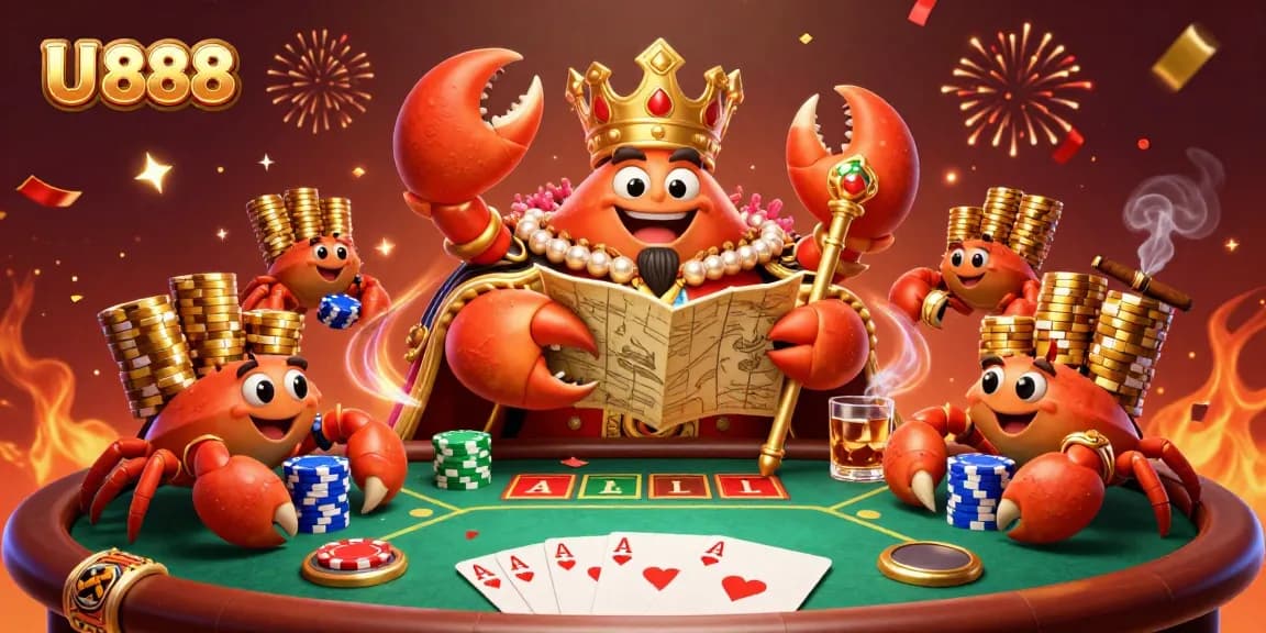 Engage with U 888's vibrant 3D casino scene featuring a golden crab emperor amidst poker elements.