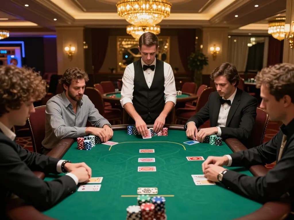 KING79 high-stakes poker game in upscale casino, showcasing strategic gameplay and intense focus.