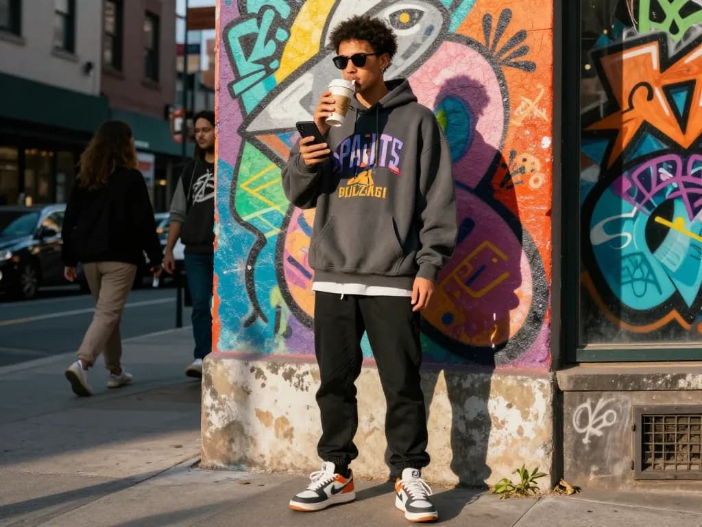 Sunwin fashion lifestyle scene with a stylish individual in streetwear enjoying urban culture.