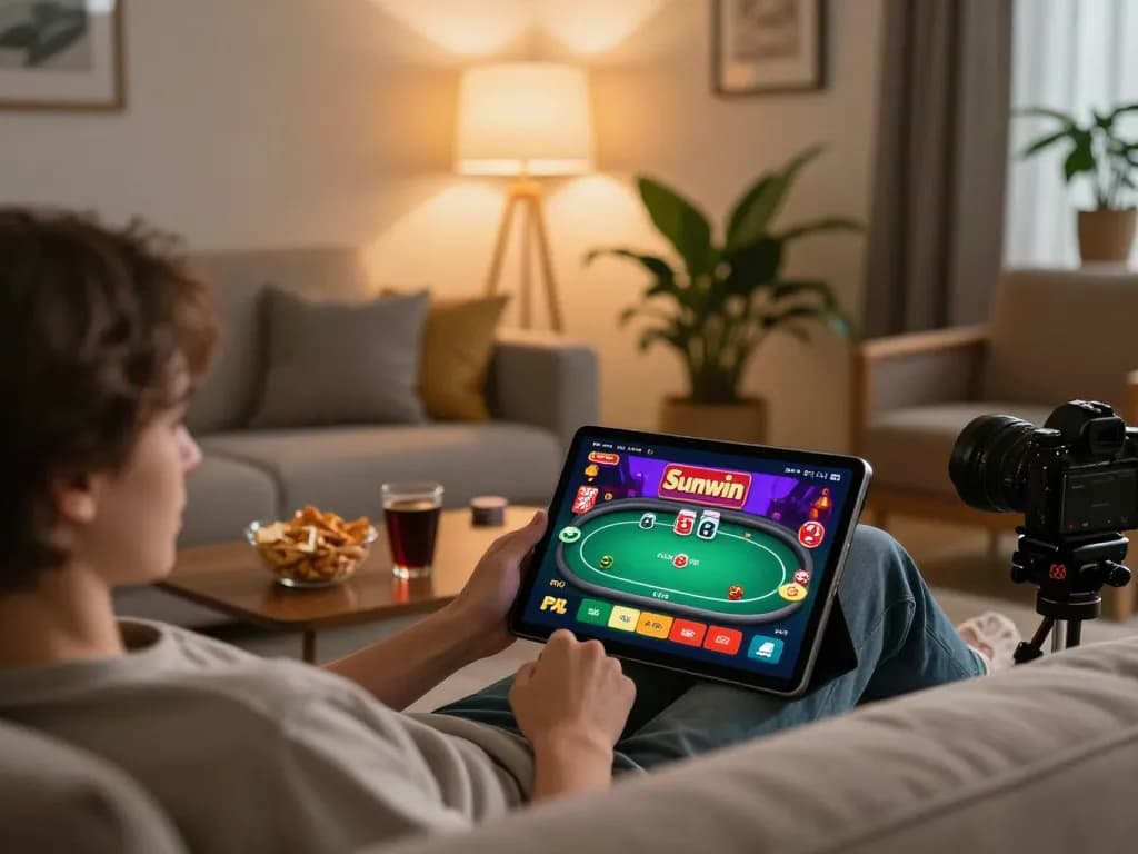 Engaged player using Sunwin app for online casino gaming at home.