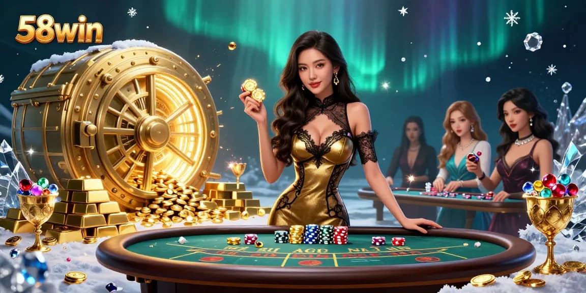 Experience the thrill of 58win with glamorous baccarat and golden casino chips surrounded by riches.