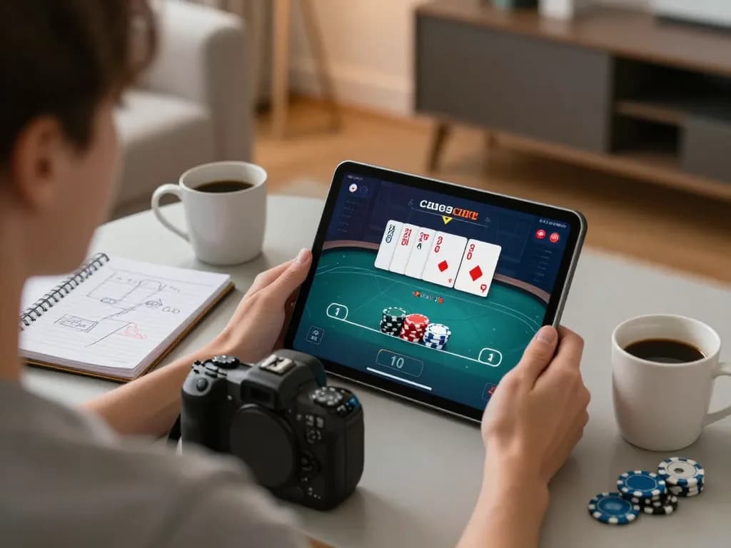 Engaging moment of F168 online gaming on a tablet with strategy notes in a cozy living room.