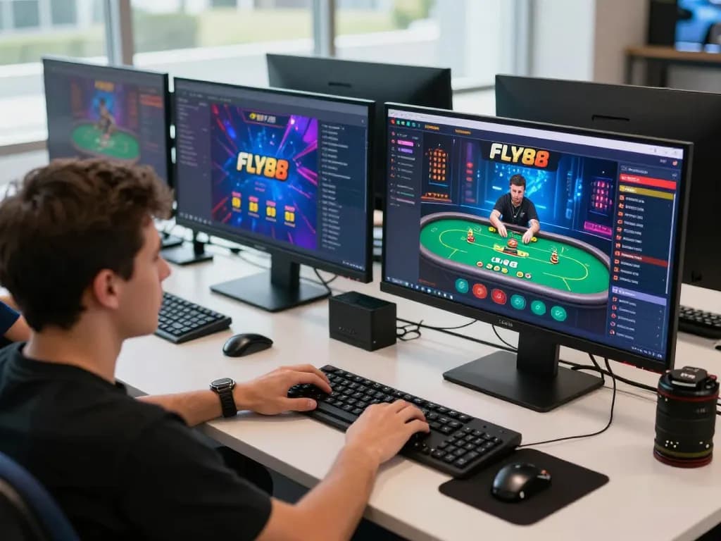 Player enjoying FLY88 poker game on desktop setup, analyzing odds and strategies in vibrant gaming atmosphere