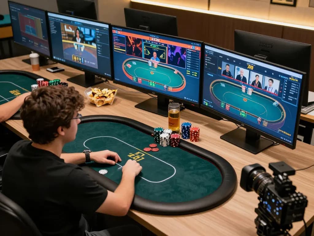 Engaged player focusing on 79KING online poker strategies in a professional gaming setup.