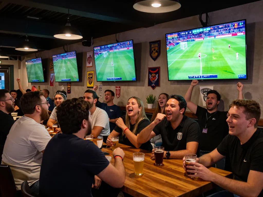Socolive fans cheering during live soccer match at a sports bar with vibrant atmosphere