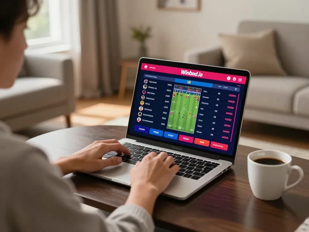 Enjoying online sports betting on Winbd.io with a laptop and coffee in a cozy home setting.