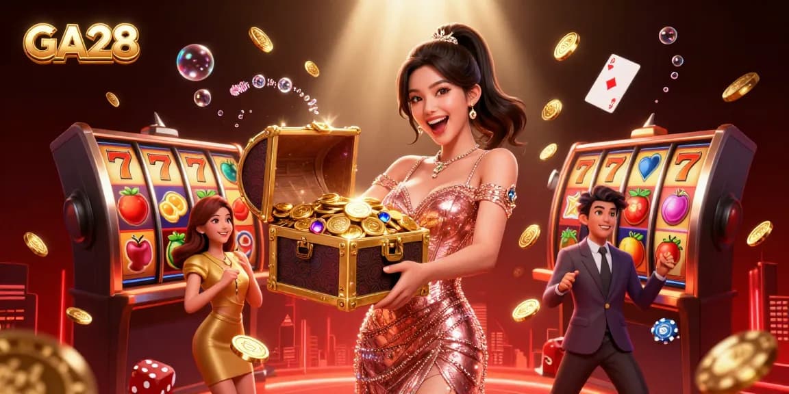Winning at GA28 casino with joyful woman showcasing treasure chest of coins and vivid slot elements